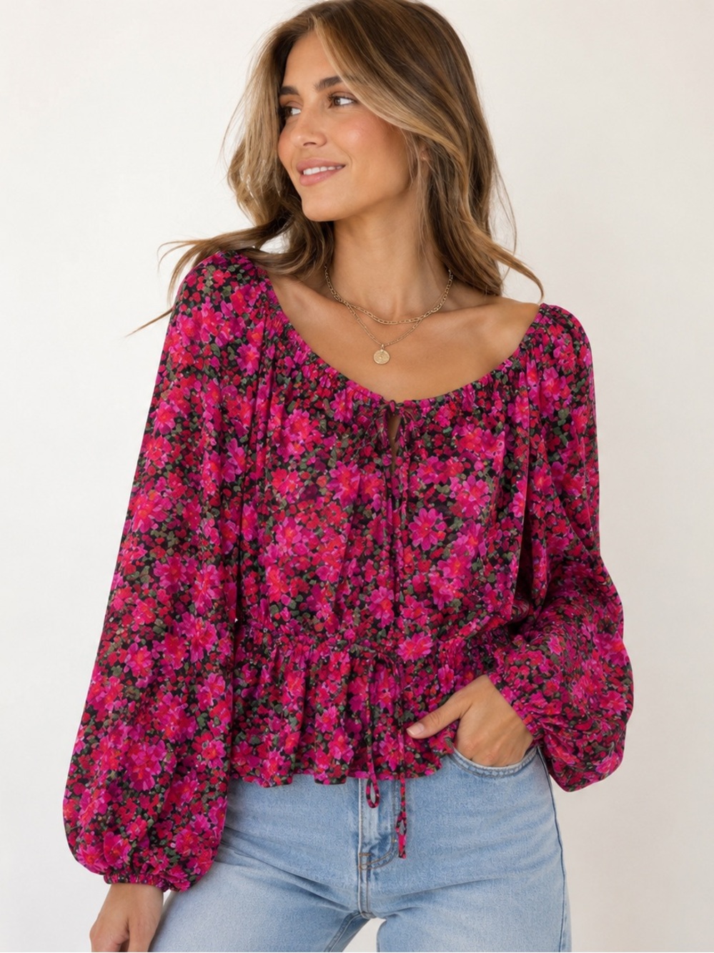 Blue Pepper Pink Floral Peasant Blouse Tie Front Boho Top Size Medium